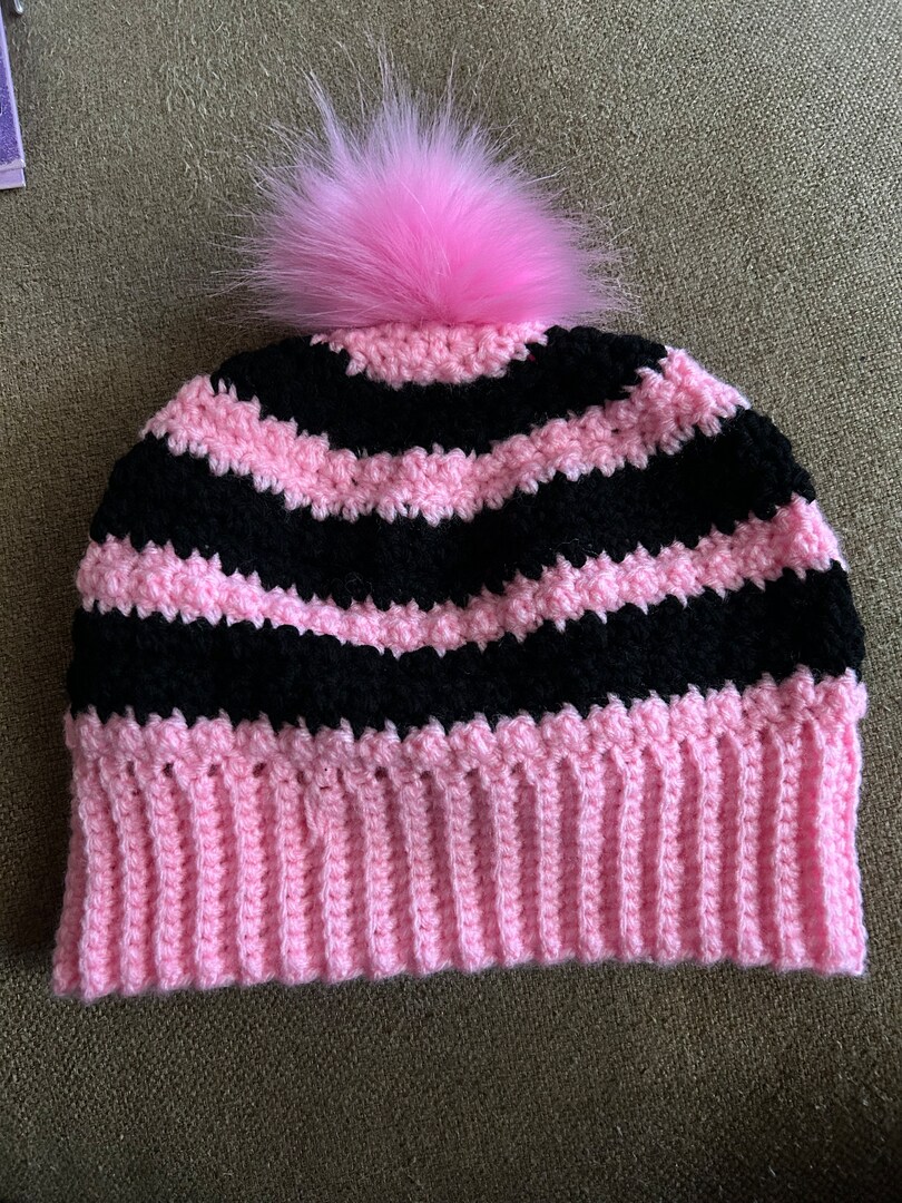 Pink and Black Striped Winter Crochet Beanie MakerPlace by